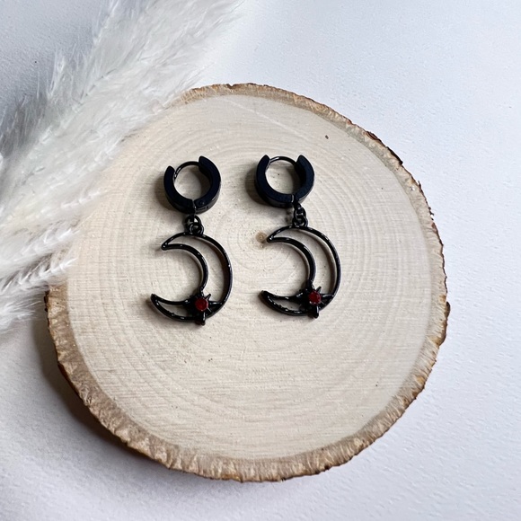 Dainty Goth Hoop Earrings,  Moon, Moth and Star Hoop Set, Edgy all Black Hoops - Picture 6 of 14